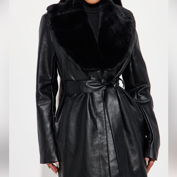 Women's Black Faux Leather Coat with Fur Trim - Picture 8 of 12